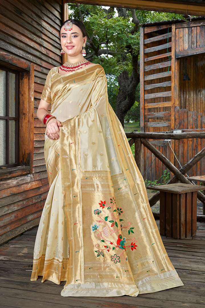 Semi Katan Silk Banarasi Saree in Cream and Gold | Saree wearing styles,  Gold silk saree, Indian fashion dresses