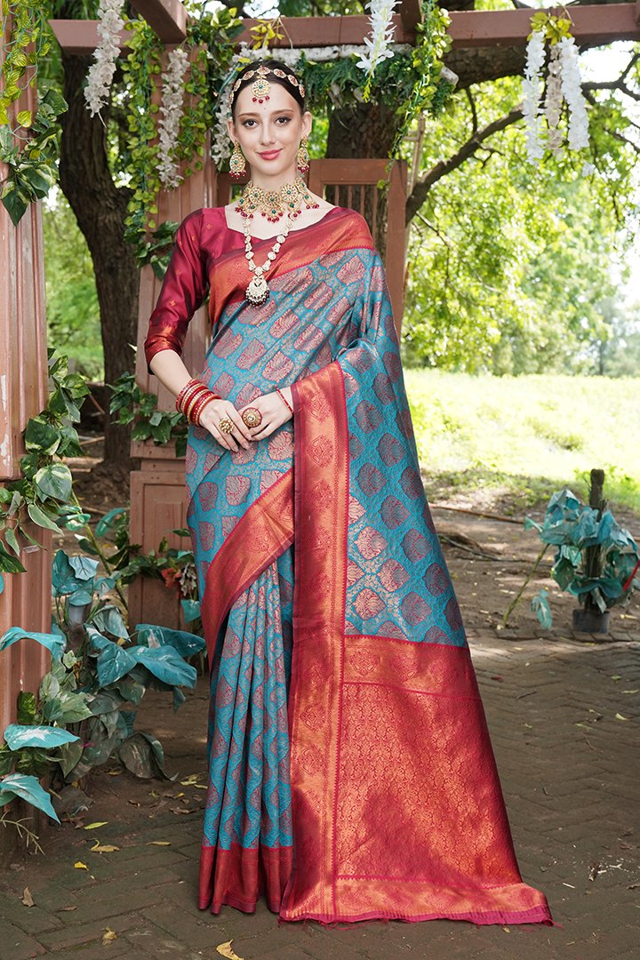 Buy Sky Blue Banarasi Silk Saree With Jacquard Blouse Online - SARV05153 |  Andaaz Fashion