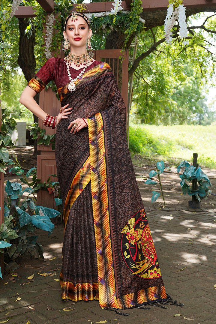 Ikkat Kanjivaram Fusion Silk Saree in Black & Red with Wide Zari Borde